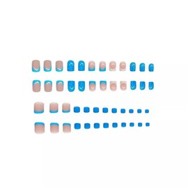 48Pcs Blue White French Tip Press on Nails Short Square & Press on Toenails Acrylic Nail Kit Blue Nail Press ons Nail Tip with Light Pink Designs Glossy Fake Nails Artifical Glue on Nails for Women