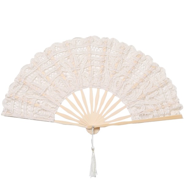 BABEYOND Cotton Lace Folding Handheld Fan Embroidered Bridal Hand Fan with Bamboo Staves for Wedding Decoration Dancing Party (Beige)