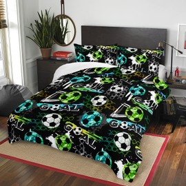AILONEN Soccer Print Comforter Set for Boys Teens Twin Size 3Pcs, Football Sports with Blue Green White Soccer Pattern Bedding Set,Soft Microfiber,1 Quilt and 2 Pillowcases
