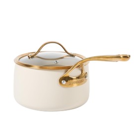 Bloomhouse - Oprah's Favorite Things - 3 Quart Heavy Duty Aluminum Premium PFA Free Ceramic Nonstick Saucepan with Lid - Linen White with Gold Handle