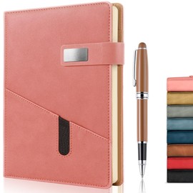 A5 Lined Leather Journal with Pen, 240 Pages Refillable Hardcover Notebook with Pocket and Magnetic Buckle, 80gsm Thick Daily Diary for Men and Women, Great Gift for Business Travel Personal - Pink