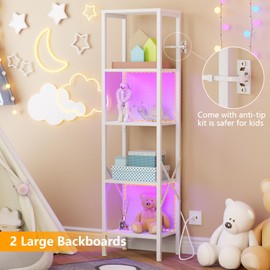 Furologee Bookshelf with LED Lights, 5 Tier Display Shelf with Back, Tall Narrow Bookcase, Modern Corner Standing Shelves, Metal and Wooden Storage Rack for Bedroom, Living Room, Office, White