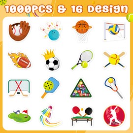 Haooryx 1000pcs Ball Sports Theme Sticker Rolls (2 Rolls), 16 Designs Cartoon Sports Self-Adhesive Sticker Decal, Basketball Football Baseball Sticker for Kids Birthday Sports Theme Party Favor Supply