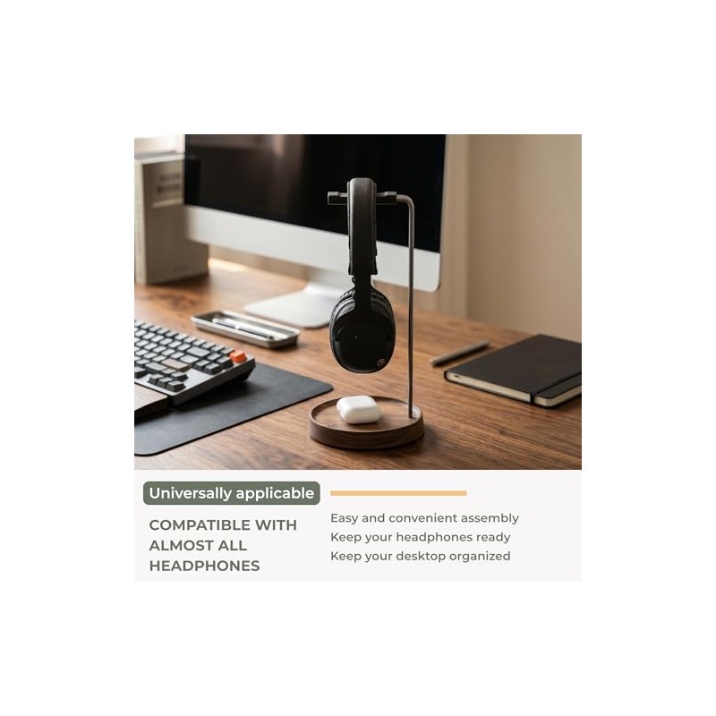Universal Walnut Wood Headphone Stand with Storage Base