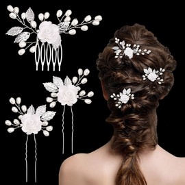 Becellen 3 Stück Haarkamm Hochzeit, Perle Blume Braut Haarschmuck Strasssteine Silber Brautschmuck Blatt U-förmige Haarnadeln für Frauen und Mädchen