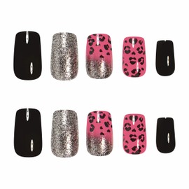 BABALAL Black Press on Nails Medium Square Fake Nails Hot Pink Glue on Nails Cheetah Hottie Gyaru Acrylic Nails Sliver Glitter False Nails Squoval Nails 24Pcs Y2k Full Cover Nails for Women Girls