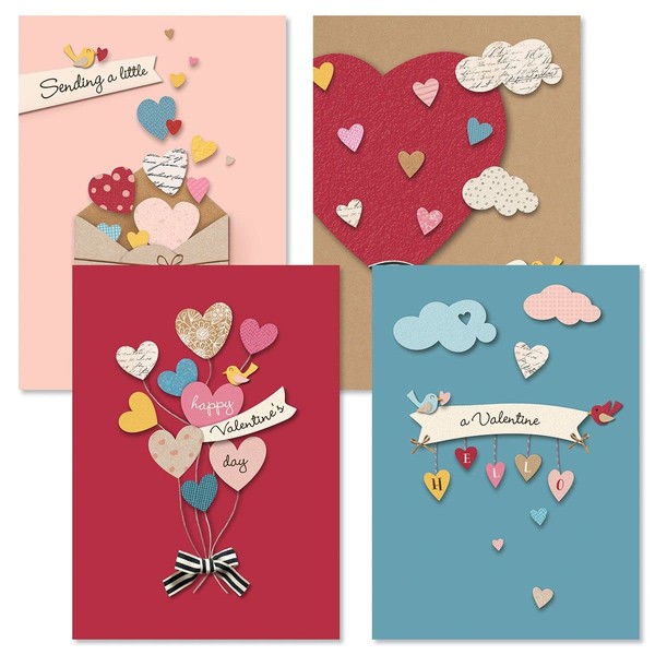 Sending Love Valentine Greeting Cards - Set of 8 (4 Designs), Large 5" x 7", Valentines Card with Sentiments Inside, includes White Envelopes