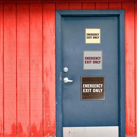 Square Emergency Exit Only Sign with Adhesive Tape, Mounts On Any Surface, Weather Resistant, Indoor/Outdoor Use (Light Grey/Burgundy) - Medium