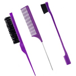 3-Piece Hair Styling Comb Set, Teasing Hair Brush, Rat Tail Comb, Edge Brush for Edge and Back Brushes, Combs, Slicking Hair for Women (Purple)
