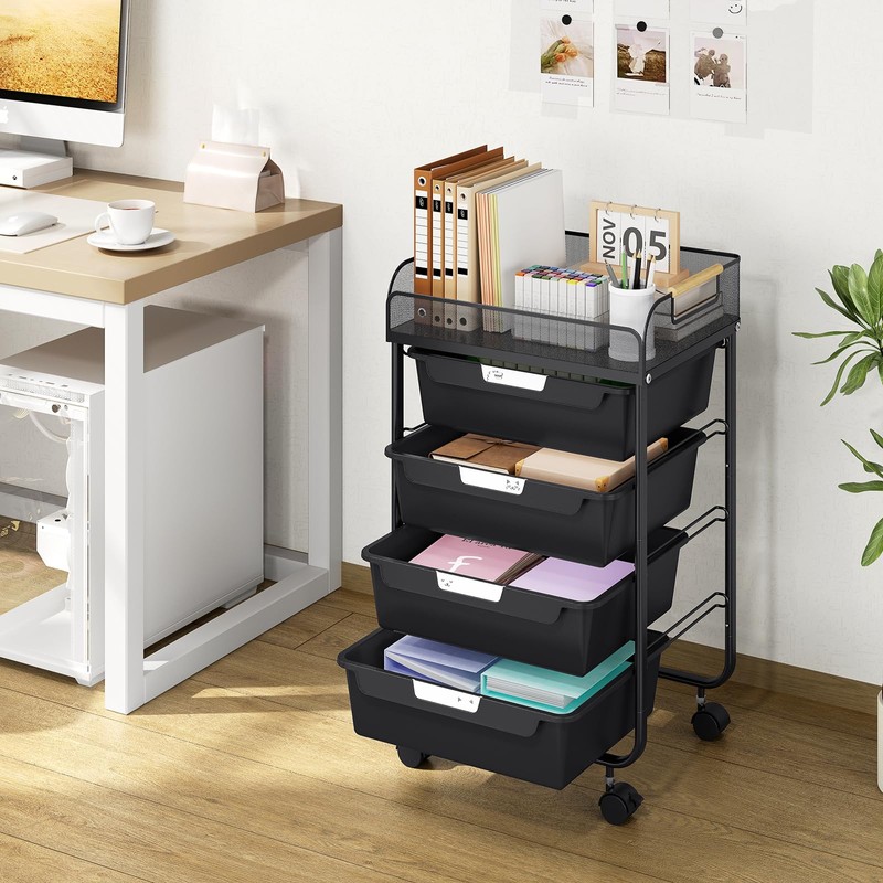 SYKIARIOL 4-Drawer Rolling Storage Cart with Mesh Top,Black