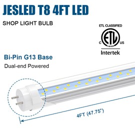 JESLED 4FT T8 LED Type A+B Tube Light Bulbs, 24W 5000K 3200LM, Plug and Play or Ballast Bypass, 4 Foot T12 LED Replacement for Flourescent Tubes, Dual-end Power, Clear, Warehouse Shop Lights (12-Pack)
