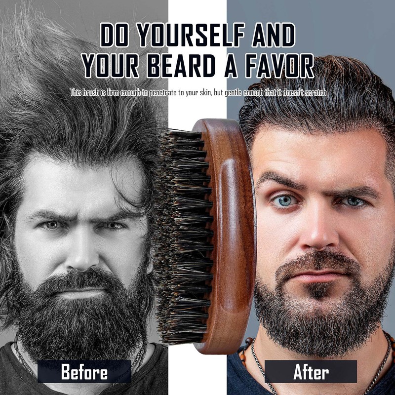 BFWood Boar Bristle Beard Brush, Black Wood Walnut Military Style,