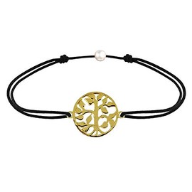 Les Poulettes Jewels - Gold Plated Bracelet on Waxed Cord - Life Tree - Black Color Cord