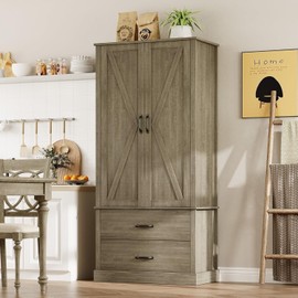 GarveeHome Kitchen Pantry Cabinet, Farmhouse Storage Cabinet with Barn Doors, Drawers and Adjustable Shelves, Versatile Storage for Kitchen, Dining Room, Rustic Grey
