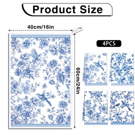 VISSTREE Chinoiserie Floral Kitchen Towels, 4 PCS White Blue Flowers Bird Dish Towels, Absorbent Blue Tea Hand Towel for Kitchen Cooking Baking Home Decoration Housewarming Chinoiserie Decor Gifts