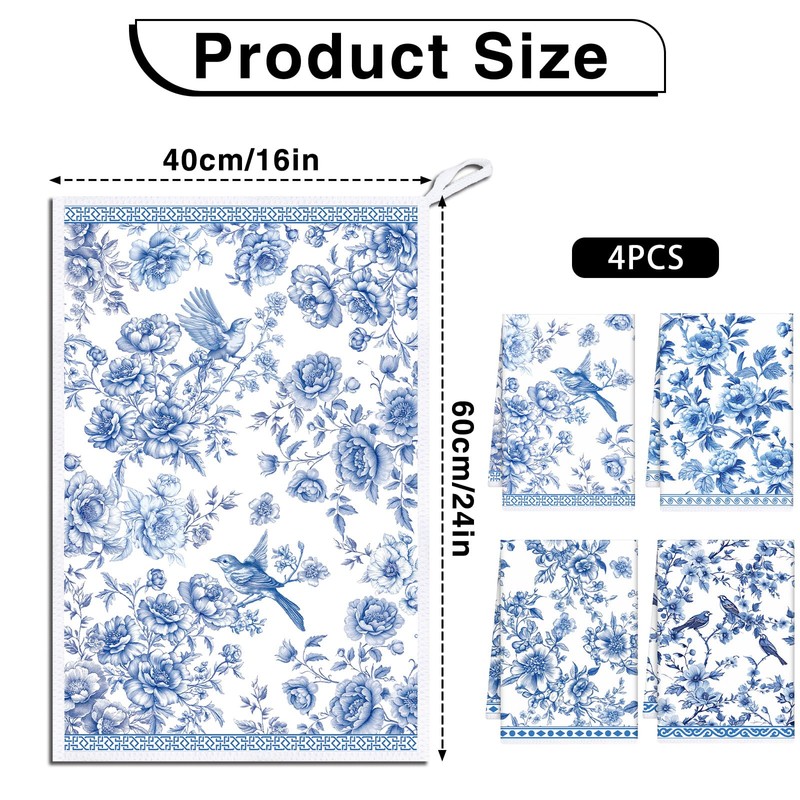 VISSTREE Chinoiserie Floral Kitchen Towels, 4 PCS White Blue Flowers