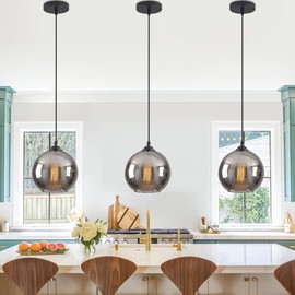 Modxian Farmhouse Smoke Grey Glass Pendant Light Fixtures for Kitchen Island, 7.5" Mirror Grey Black Globe Pendant Lights for Dining Table, E26 Height Adjustable Hanging Lamp for Kitchen Over Sink