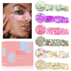 Boko 6pcs Body Glitter Gel, Sparkle Mermaid Chunky Glitter Gel for Face Hair Body Glitter Makeup, Cosmetic Face Glitter Sequins for Christmas Concert Party Themed Makeup Rave Accessories