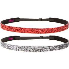 Hipsy Women's Adjustable NON SLIP Skinny Bling Glitter Headband Gunmetal Duo 2pk (Gunmetal & Red)