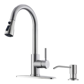 WEWE Kitchen Sink Faucet with Soap Dispenser, Lead-Free Kitchen Faucet with Pull Down Sprayer 3 Modes Stainless Steel Single Handle Single Hole Pull Out Brushed Nickel Faucet for Bar Laundry RV Sink