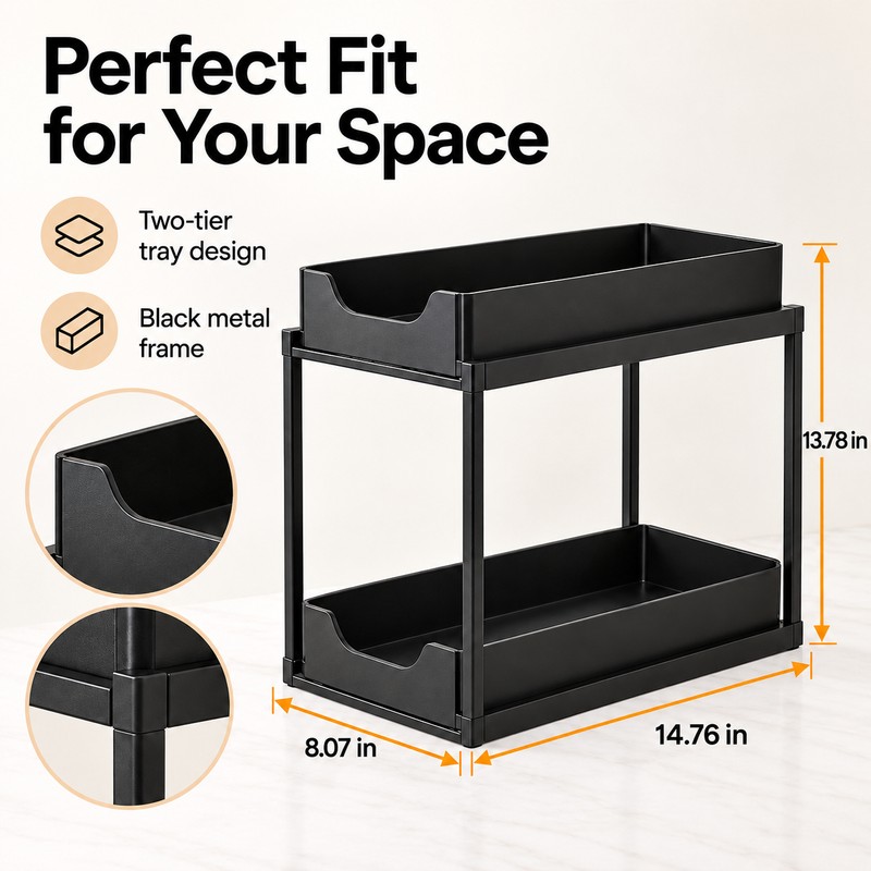 2-Tier Kitchen and Bathroom Organizer Rack – Black Metal Storage