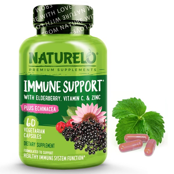 NATURELO Immune Support – Vitamin C, Elderberry, Zinc, Echinacea – Natural Immunity Boost w/Antioxidant, Herbal & Mineral Defense - 60 Vegan Capsules