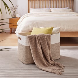 OIAHOMY 108L Extra Large Blanket Basket, 25”x16”x16” Laundry Basket, Blanket Storage for Living Room, Dog Toy Storage with Handle - Brown & White