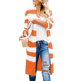 CARDYDONY Women Casual Maternity Lightweight Duster Cardigan Stripe Orange XL
