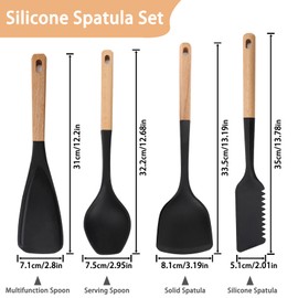Svailse Silicone Spatula Set of 4, Cooking Spatulas Spoons for Nonstick Cookware, Heat Resistant Multifunction Spoon with Wood Handle for Mixing, Scoop, Scrape, Egg, Pancake and Burger (Black)