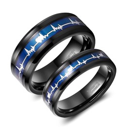 Greenpod 6mm EKG Color Changing Tungsten Rings for Women Men Black Mood Hearbeat Rings for Couples Wedding Band Size 8