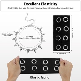 CZMZHFC Grommet Headband and Spike Necklace for Women Goth Elastic Mental Headbands for Girls Punk Grunge Y2k Fashion Accessories Trendy Hippie Hair Accessories Non Slip Rivet Gothic Necklace
