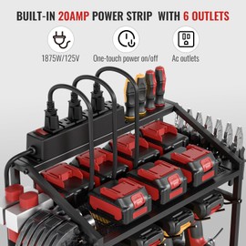 FULOOPHI Power Tool Organizer Cart with Charging Station, Garage Floor Standing Rolling Drill and Tools Battery Storage Cart on Wheels, Rolling Tool Cart with 6 Outlet Power Strip