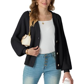 GRECERELLE Women's Cardigans Soft Long Sleeves Jumpers Ladies Knit V Neck Oversized Sweater Loose Chunky Cardigan with Buttons for Women UK,Autumn,Winter, Spring (Black, S)