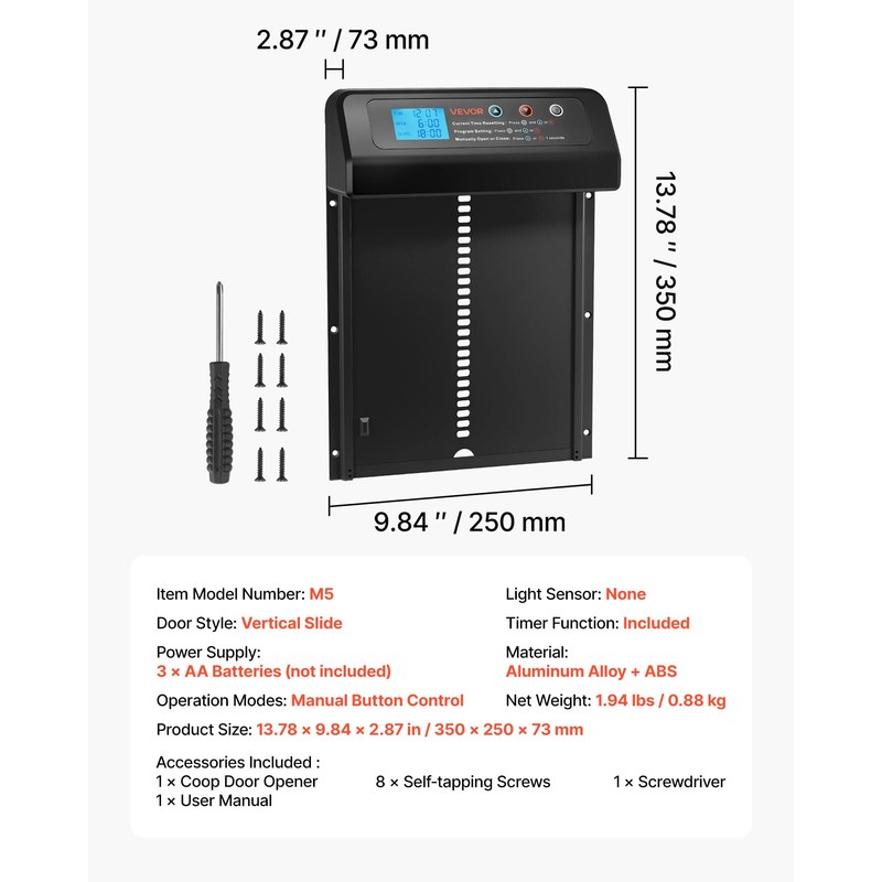 VEVOR Automatic Chicken Coop Door, Battery Powered Chicken Coop Door