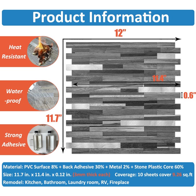 DICOFUN Peel and Stick Backsplash Tiles, Black & Grey Wood