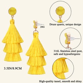 FIBO STEEL Yellow Tassel Earrings for Women Layered Bohemian Earrings, Big Statement Tiered Fringe Drop Dangle Earrings Christmas Valentine Earrings Party Jewelry Gift