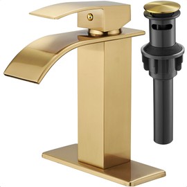 HOIGY Gold Bathroom Faucet Waterfall, Brass Bathroom Faucets Single Hole or 3 Hole 4 Inch, Single Handle Bathroom Sink Faucet with Deck Plate & Drain