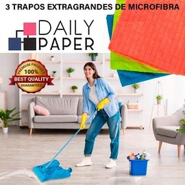 DAILY PAPER 3 Trapos, Jergas Nueva Microfibra Extragrandes Multiusos 75cm x 50cm Super Absorbente y Duraderas, Colores Brillantes