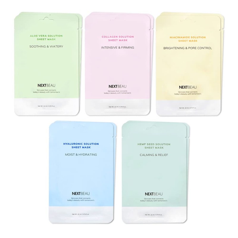 NEXTBEAU Solution Sheet Mask Variety Pack, 10 Count (5 Types