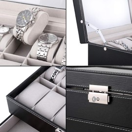 Uten Watch Box, 12 Slots PU Leather Watch Display Case with Jewelry Drawer, Removable Watch Pillow, Metal Clasp, Watch Box Organizer for men and women, grey,black,clear