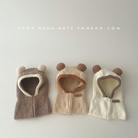 Super Cute Kids' Balaclava - All-in-One Baby Hat & Scarf (lf2374) Free Size / 45-50cm - Integrated Large Pom-Pom, Khaki 3ea