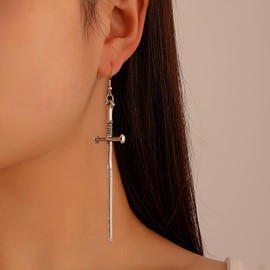 TseenYi Punk Long Sword Earrings Silver Cross Dagger Hook Earrings Gothic Dagger Dangle Earrings Long Tassel Crucifix Sword Earrings Statement Exaggerated Earrings Jewellery for Women and Girls