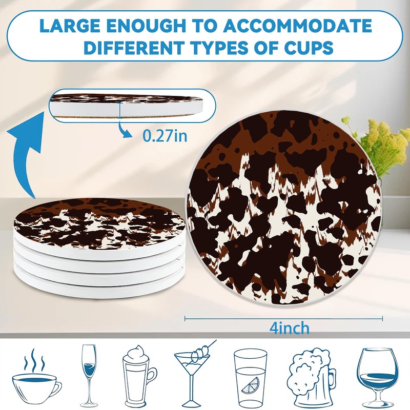 Drinks Coasters Set of 4, Cow Print Round 4" Cup