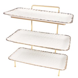 LIUYWYHCF 3-Tier Serving Rack with Ceramic Serving Tray, Foldable Gold Stand with 3 Pieces 14 Inch Gold Rim Large Plates for Food Display, Fruit, Dessert Server Display and Entertaining