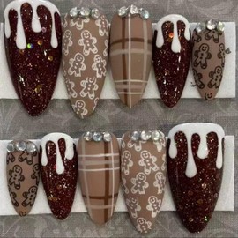 Christmas Handmade Press on Nails Short Almond Fake Nails with Gingerbread Man Snow Rhinestones Designs Xmas False Nail Red Glitter Full Cover Winter Stick on Nail for Women