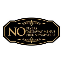 Signs ByLITA Victorian No Flyers No Takeaway Menus No Free Newspapers Durable ABS Plastic | Laser Engraved | Easy Installation | Elegant Design Sign (Black/Gold) - Small
