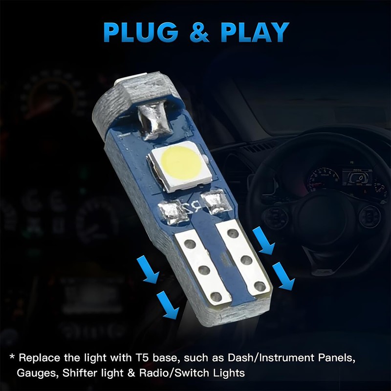 Bittwee T5 LED Lights for Car Dashboard, 20 Pcs 3030-3SMD