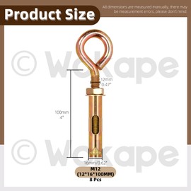 Wokape 8Pcs Closed Hook Bolts Wall Concrete Brick Expansion Screws Zinc-Plated Metal Anchor Bolt Hooks Hex Bolt Sleeve Eye Pull Screw Swing Hooks (M12)