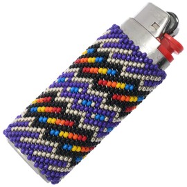 Navajo Hand Beaded Multicolor Purple Silver Lighter Case Traditional Peyote Stitch Design 0084