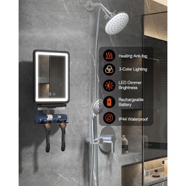 Widitn Heated Shower Mirror Fogless for Shaving, 3 Color Dimmable Lights Shower Mirror Fogless, Rechargeable Anti-Fog Shaving Mirror with Razor Holder, Storage Tray, Squeegee